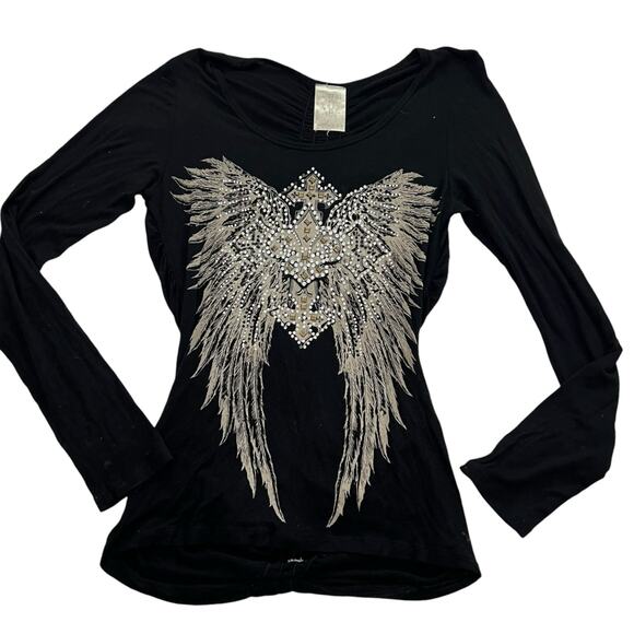 Vocal Tops - Vintage Vocal Top Black Long Sleeve Crew Neck Wings Rhinestones Size S